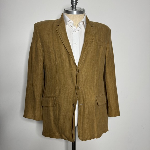 The Territory Ahead Mens Blazer Jacket XL Brown Herringbone‎ Linen Silk Blend - Picture 1 of 10